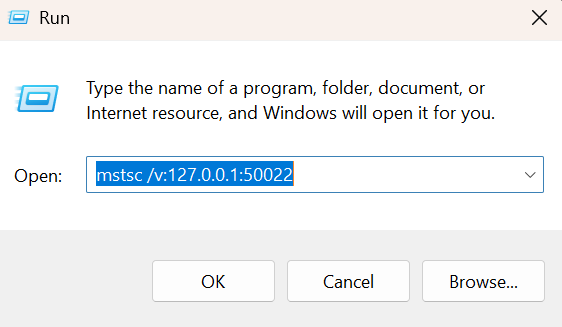 Launching mstsc against the local tunnel endpoint