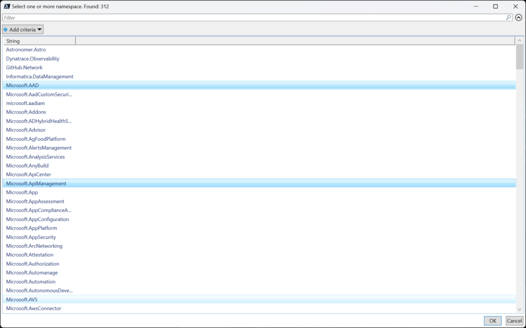 Select one or more Azure Policy namespaces
