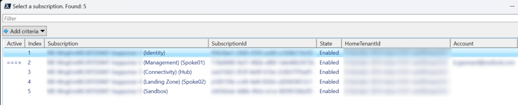 Subscription switcher Out-GridView output