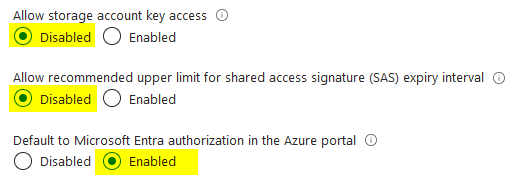Storage account configuration disabling key-based authentication